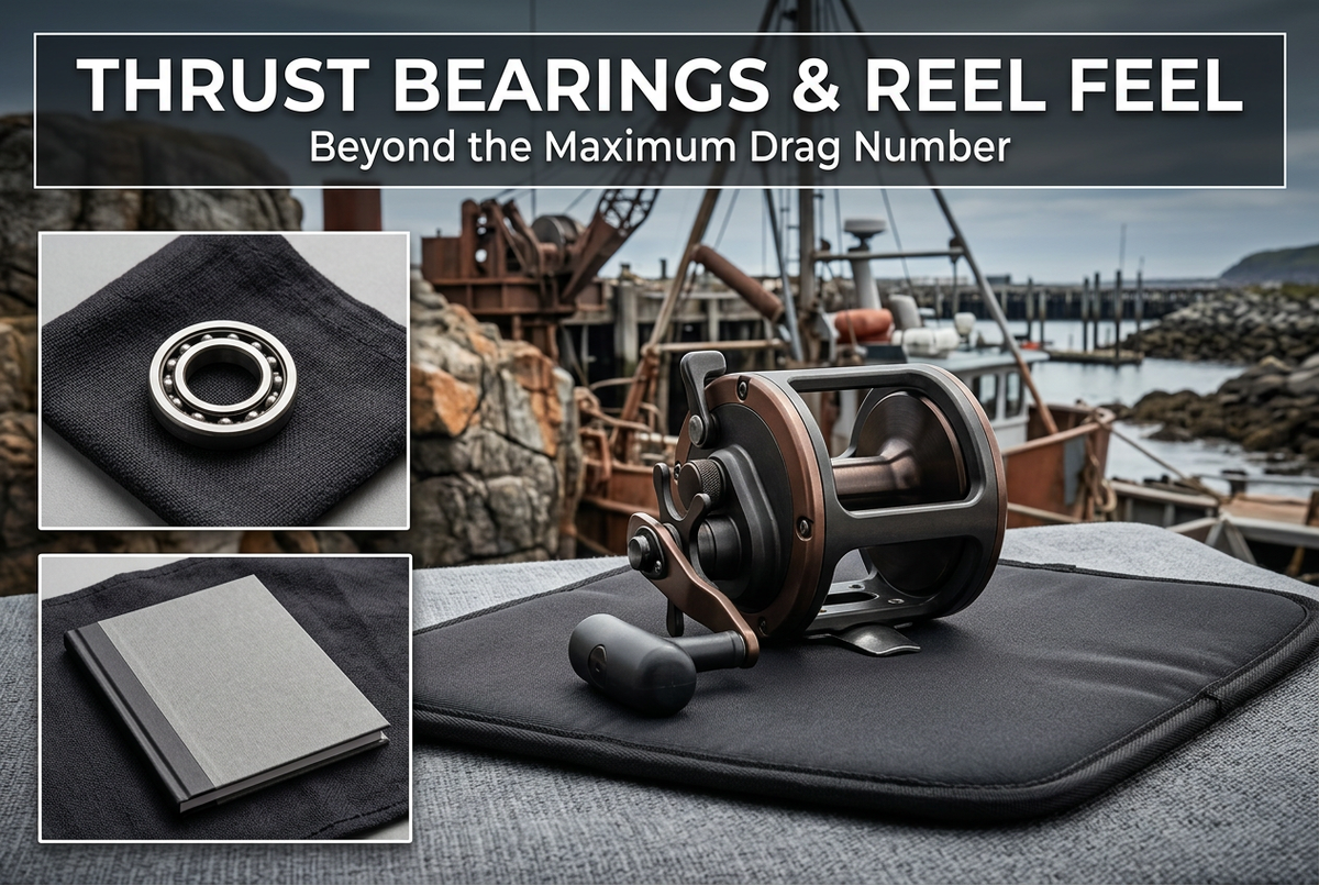Generic conventional reel on a padded mat with bearing and closed-booklet insets beneath Thrust Bearings and Reel Feel.
