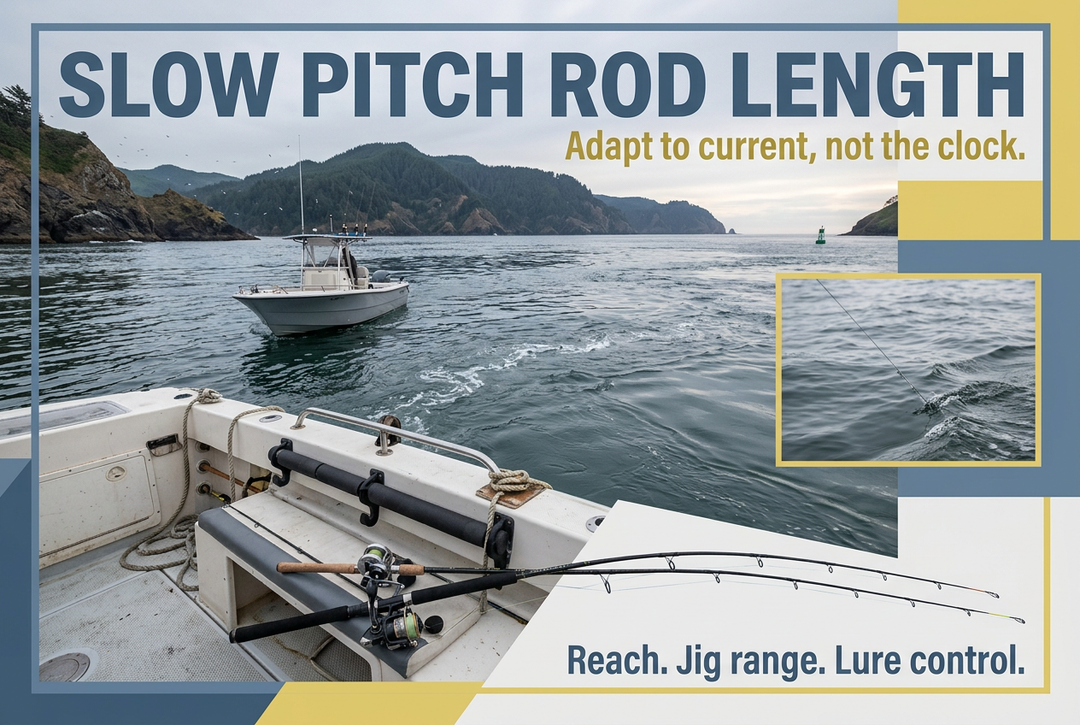 Two jigging rods on a boat beside a coastal channel with visible current seams, under the English title Slow Pitch Rod Length.