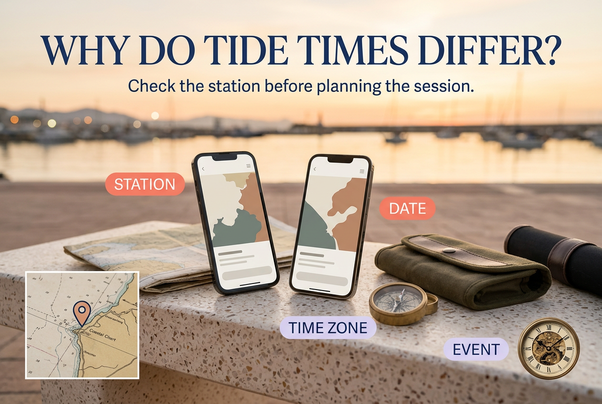 Two phones displaying coastal maps beside a chart, compass and tackle pouch, with the English headline Why Do Tide Times Differ and labels for station, time zone, date and event.
