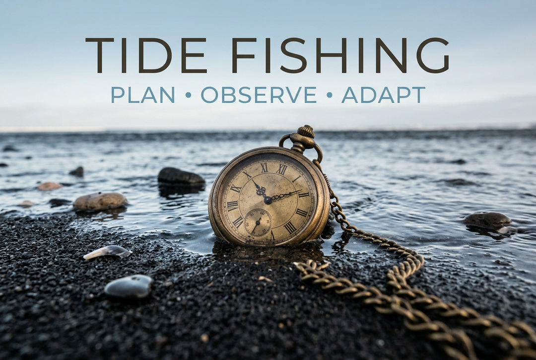 Conceptual brass pocket watch on dark coastal sand beside the sea, with the English heading Tide Fishing and subtitle Plan, Observe, Adapt.