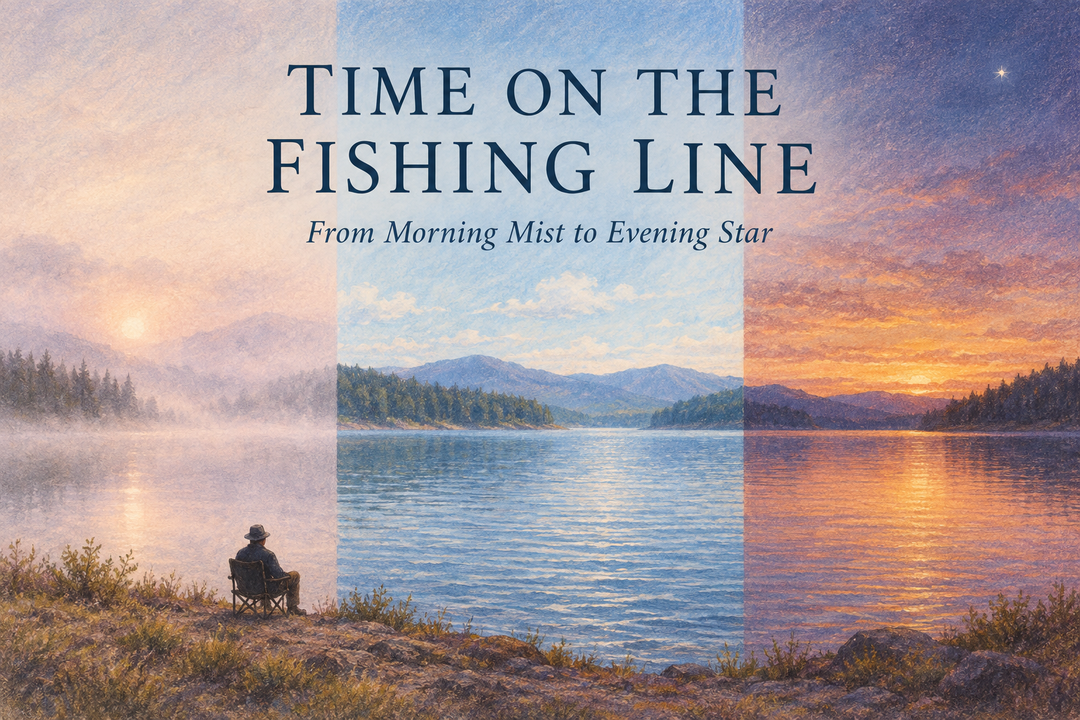Time on the Fishing Line cover with three pastel lake scenes showing morning mist, daylight and dusk with an evening star.