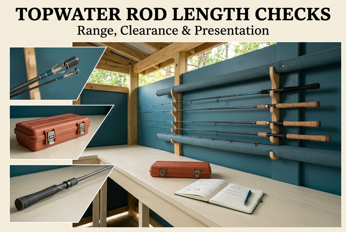 Topwater Rod Length Checks cover showing generic unloaded rods in a storage rack, closed case and notebook in a covered preparation area, with fitting and tip detail panels.