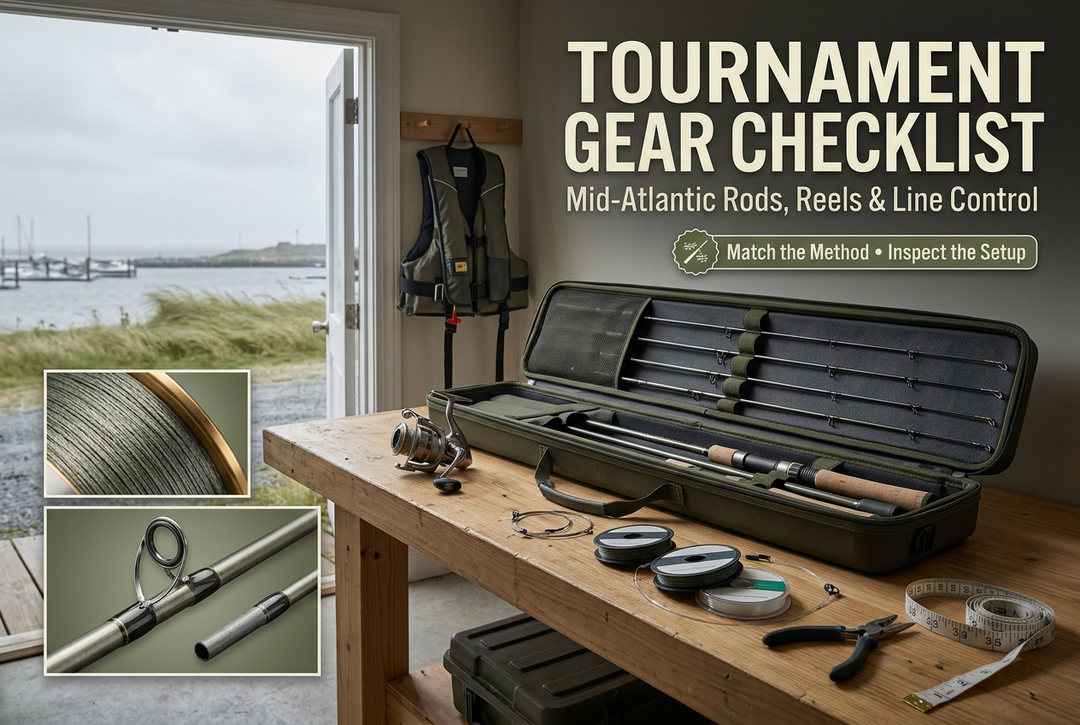 Photo-style tournament gear cover showing a padded rod case, spinning reel, line spools and tools on a coastal workshop bench, with guide and line close-ups.