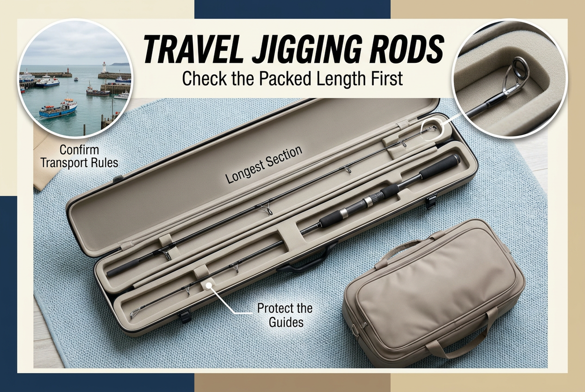 Open padded rod case with separated rod sections, a travel bag and harbor inset beneath the headline Travel Jigging Rods: Check the Packed Length First.