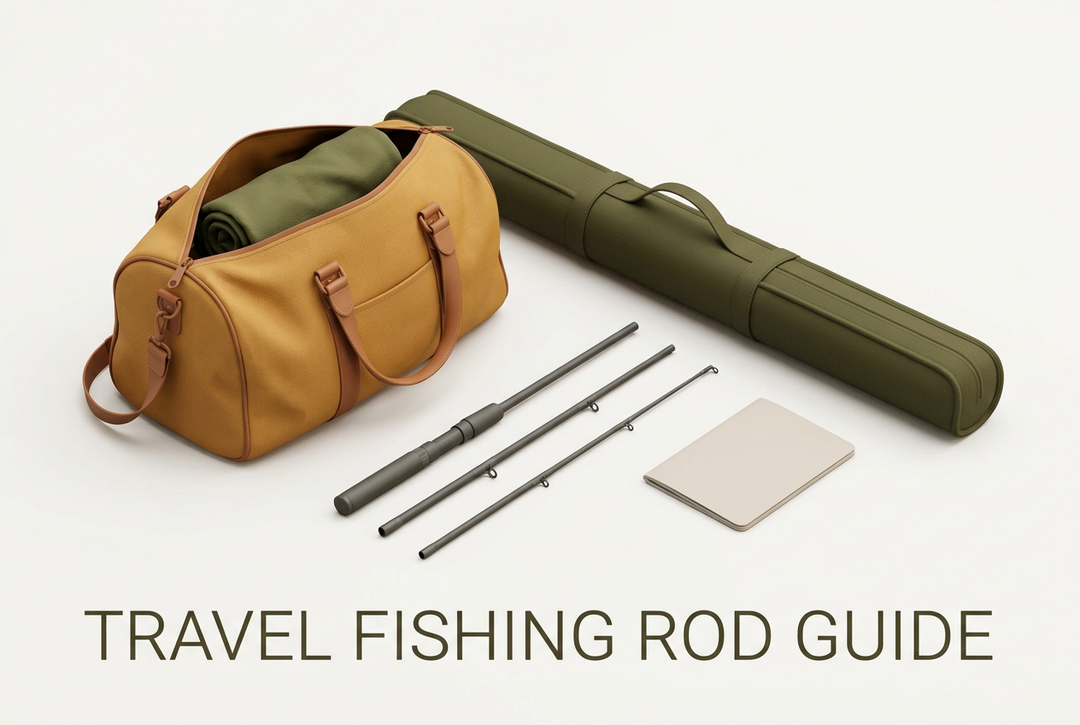 Olive-green rod case, ochre travel bag and separate generic rod sections on a white background titled Travel Fishing Rod Guide.