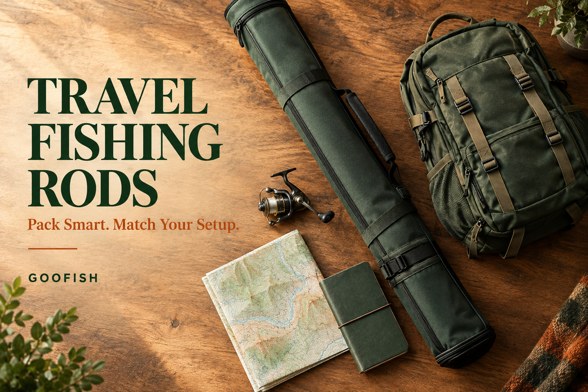 Travel fishing rods guide cover with a generic rod case, backpack, spinning reel, map and notebook arranged on a wooden table