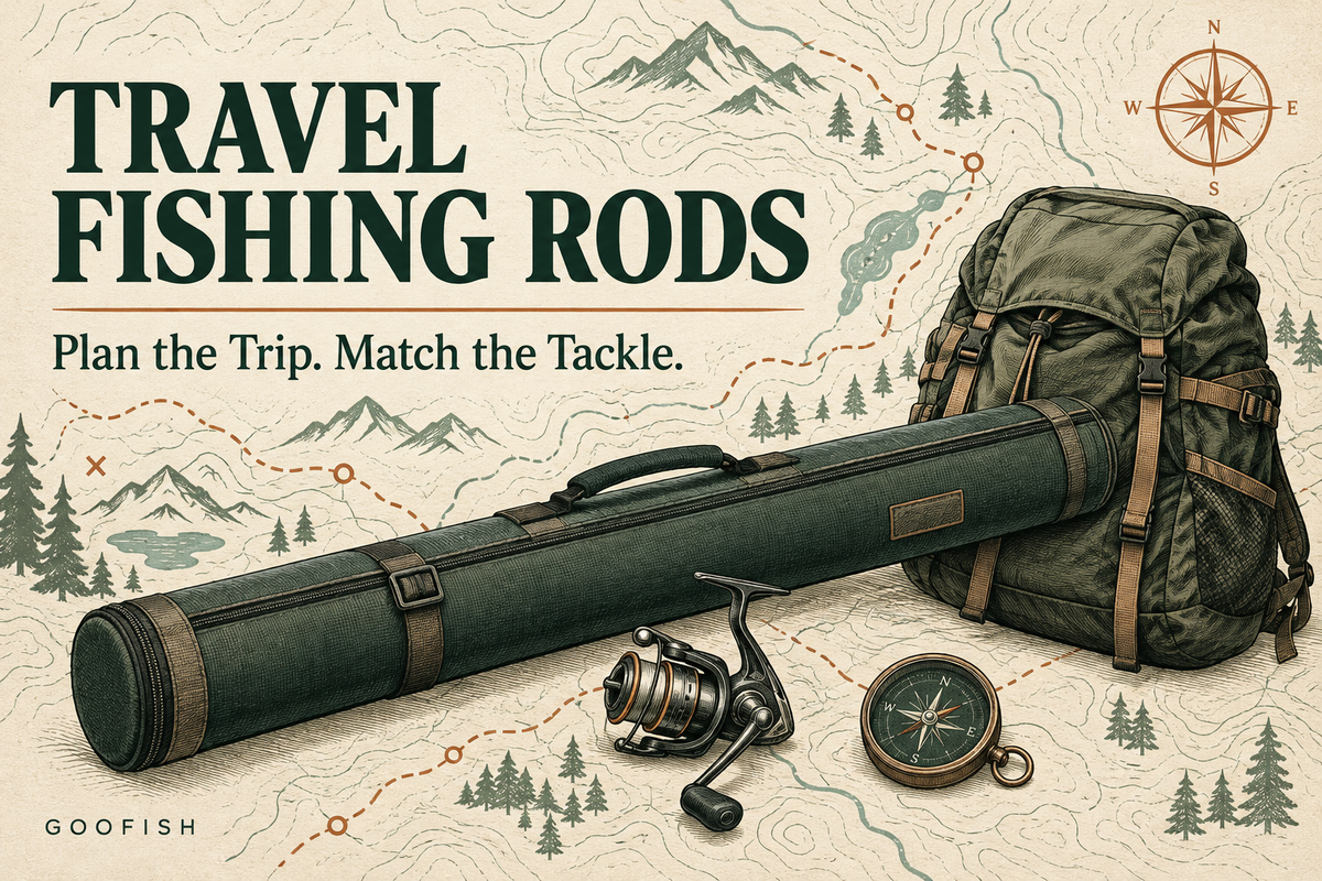 Englisches Titelbild Travel Fishing Rods mit Rutenfutteral, Rucksack, Rolle und Kompass vor einer illustrierten Wanderkarte