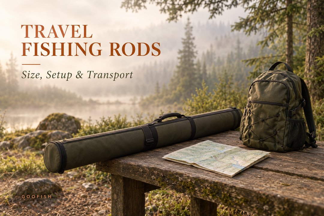 Couverture en anglais Travel Fishing Rods avec un étui de canne, un sac à dos et une carte sur une table de camping en forêt