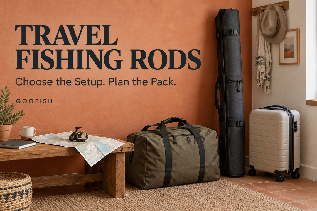 Copertina in inglese Travel Fishing Rods con un fodero, una borsa, una valigia e un mulinello in un ambiente di preparazione al viaggio
