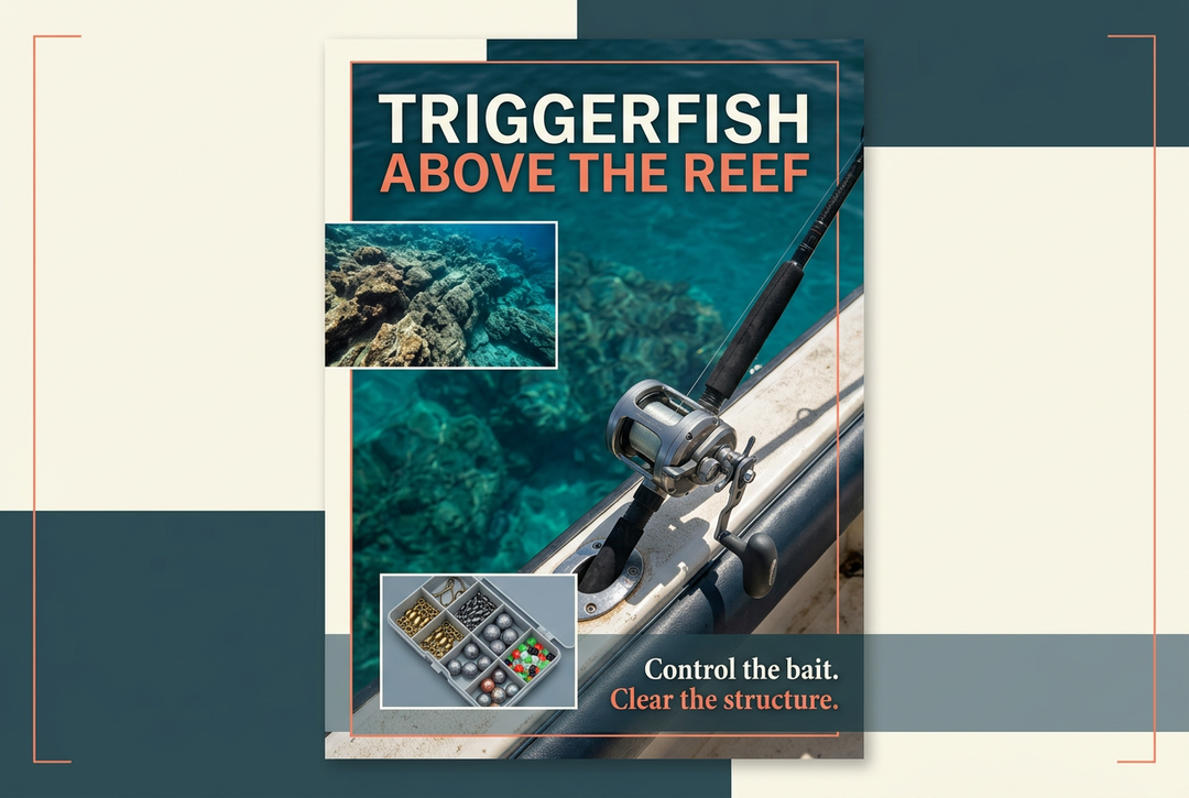 Clear reef water beside a supported boat-fishing outfit and organized tackle tray, headed Triggerfish Above the Reef.