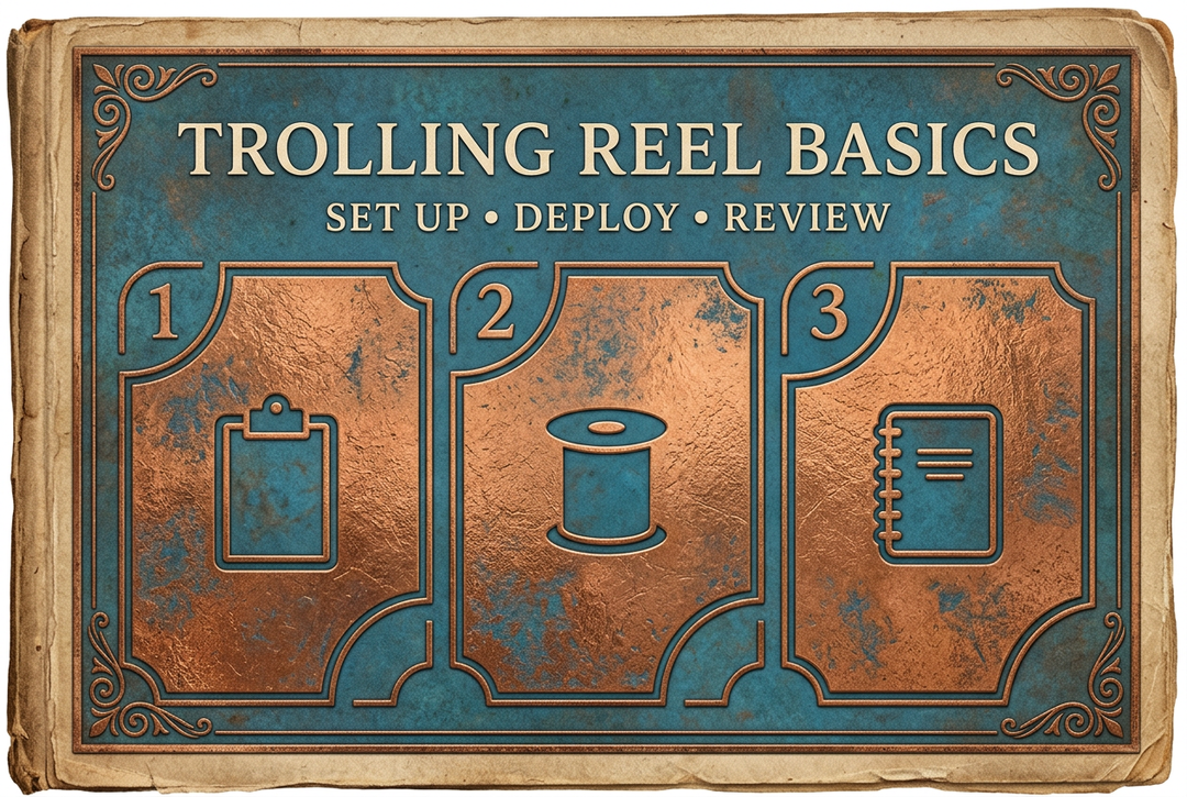 Copper and deep teal embossed-style booklet illustration with clipboard, spool and notebook icons under Trolling Reel Basics: Set Up, Deploy, Review.