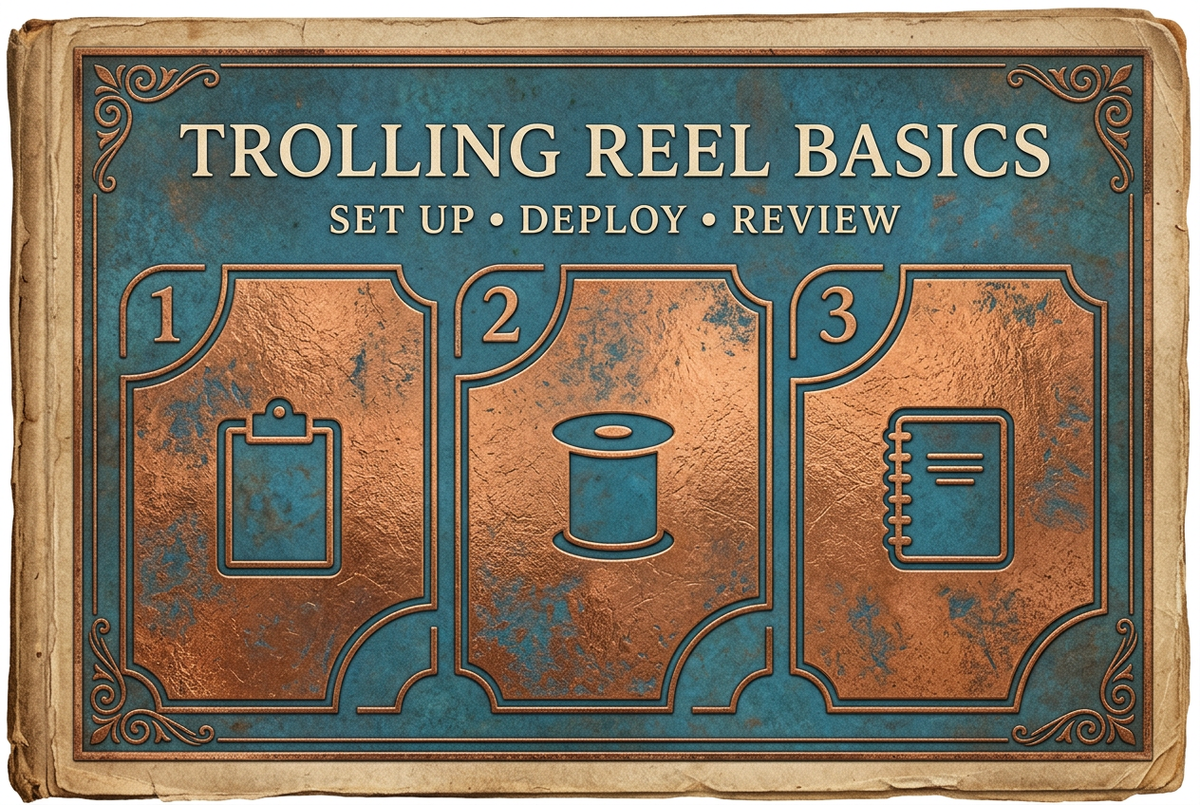 Copper and deep teal embossed-style booklet illustration with clipboard, spool and notebook icons under Trolling Reel Basics: Set Up, Deploy, Review.
