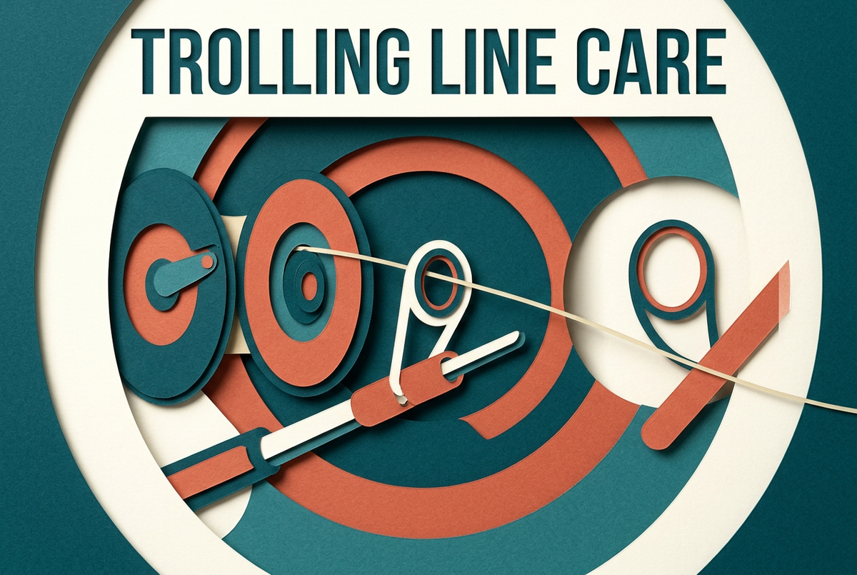 Teal, coral and ivory cut-paper illustration of generic reel and guide components beside fishing line beneath the heading Trolling Line Care.