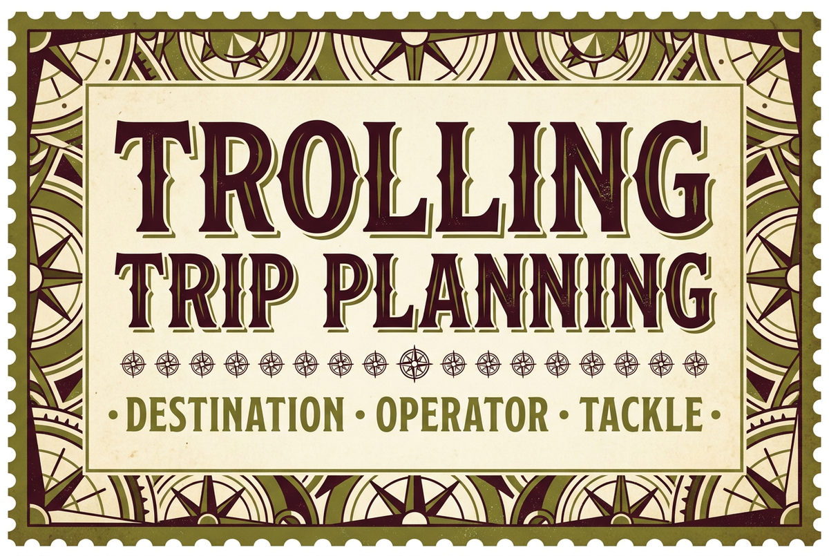 Olive, burgundy and cream vintage ticket-style cover reading Trolling Trip Planning: Destination, Operator, Tackle.