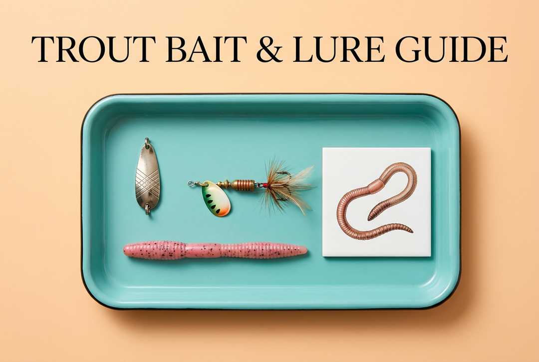 Turquoise tackle tray on an apricot background with a spoon, spinner, soft-plastic worm and earthworm illustration under the title Trout Bait and Lure Guide.