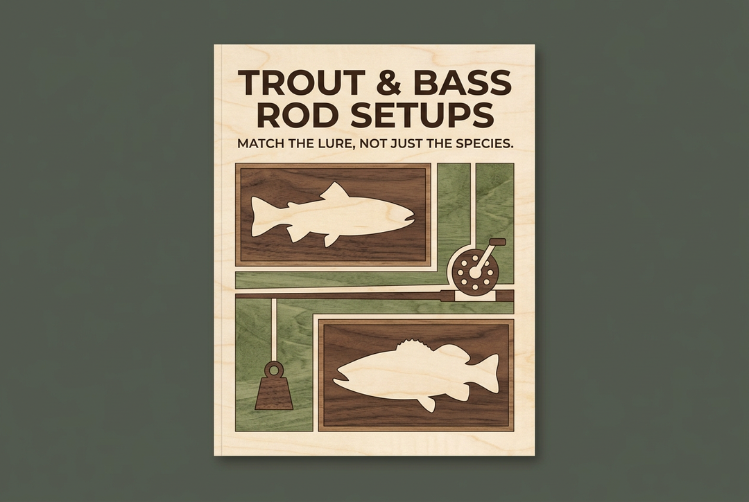 Birch, walnut and moss-green marquetry-style concept with separate trout and bass silhouettes beneath Trout & Bass Rod Setups: Match the Lure, Not Just the Species.