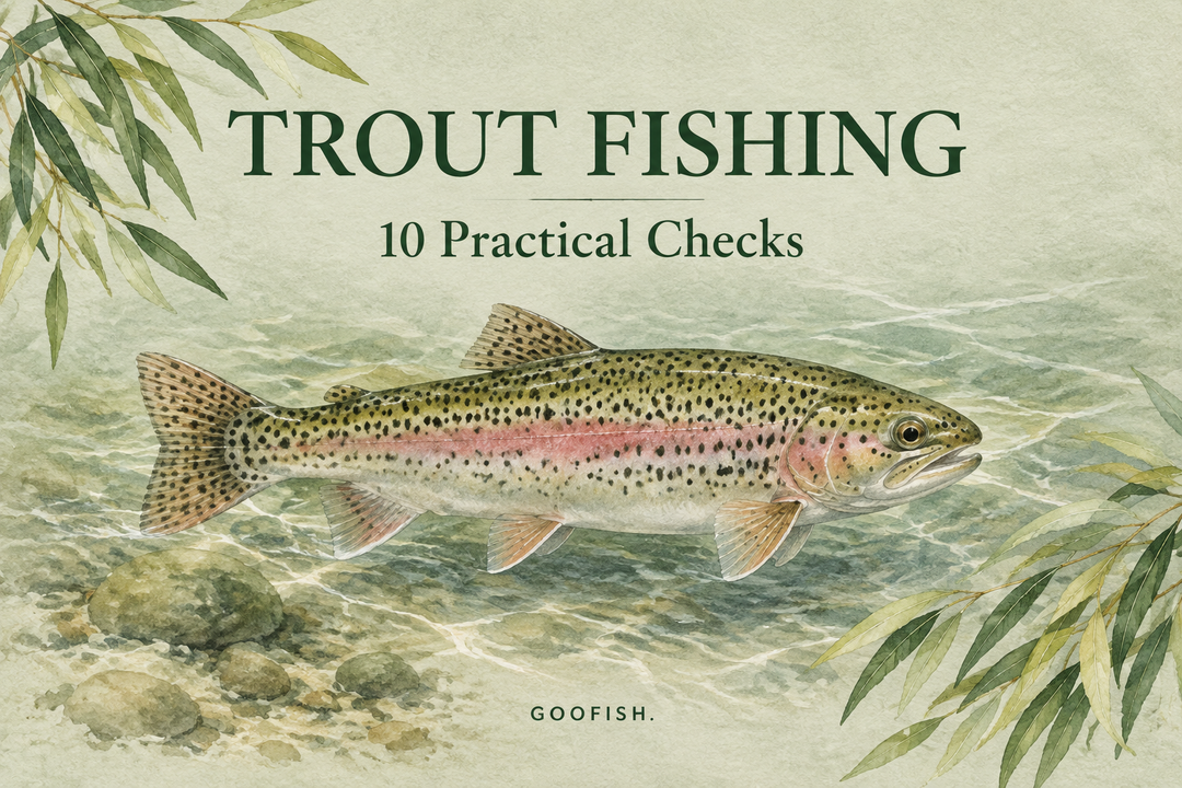 Trout Fishing watercolor cover showing a spotted trout with a pink flank in a shallow stream framed by willow leaves