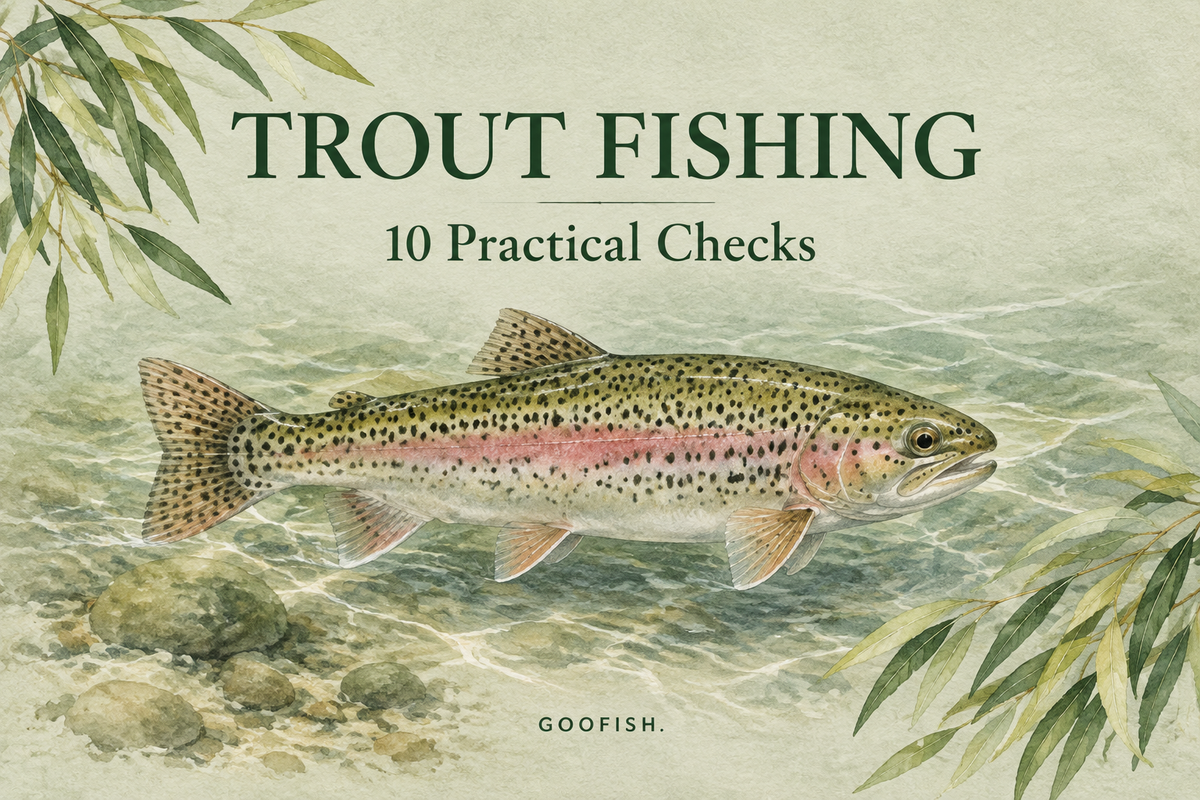 Trout Fishing watercolor cover showing a spotted trout with a pink flank in a shallow stream framed by willow leaves