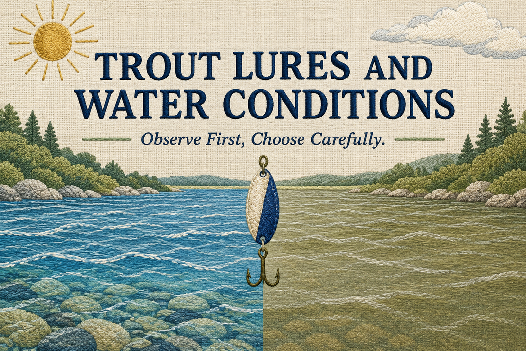 Trout Lures and Water Conditions cover in a woven illustration style with clear and cloudy stream scenes and a spoon-lure motif.