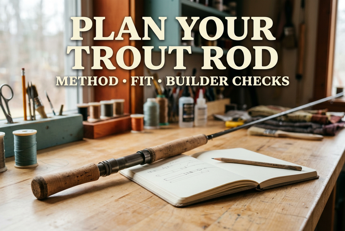 Generated photorealistic rod-planning workshop scene with a generic rod grip and notebook, reading Plan Your Trout Rod: Method, Fit, Builder Checks.