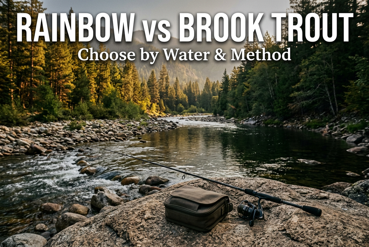 Rainbow vs Brook Trout cover showing a generic spinning outfit and closed tackle pouch beside a forested mountain stream with riffles and a pool.