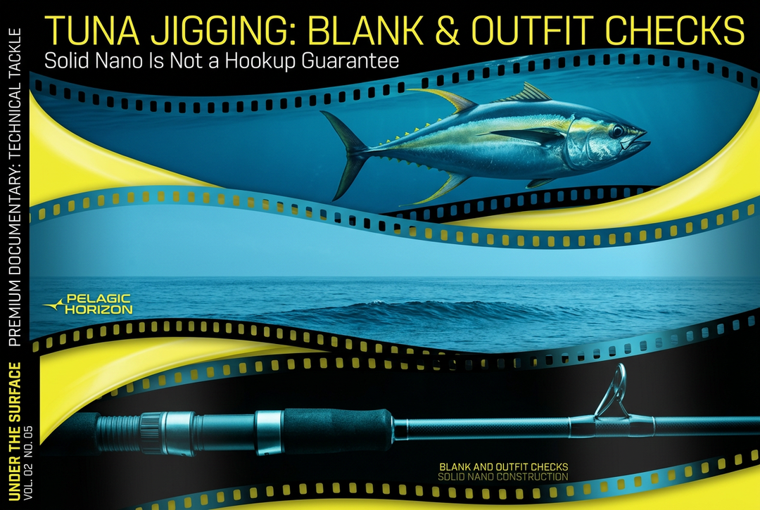 Yellowfin tuna jigging concept cover with curved blue-and-yellow film strips showing an AI photo-style tuna, open-water horizon and generic unloaded rod grip and guide.