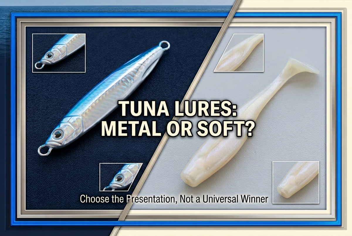 Tuna lure comparison cover showing a silver-blue metal jig beside a pearl soft-plastic bait in a diagonal split photographic design.