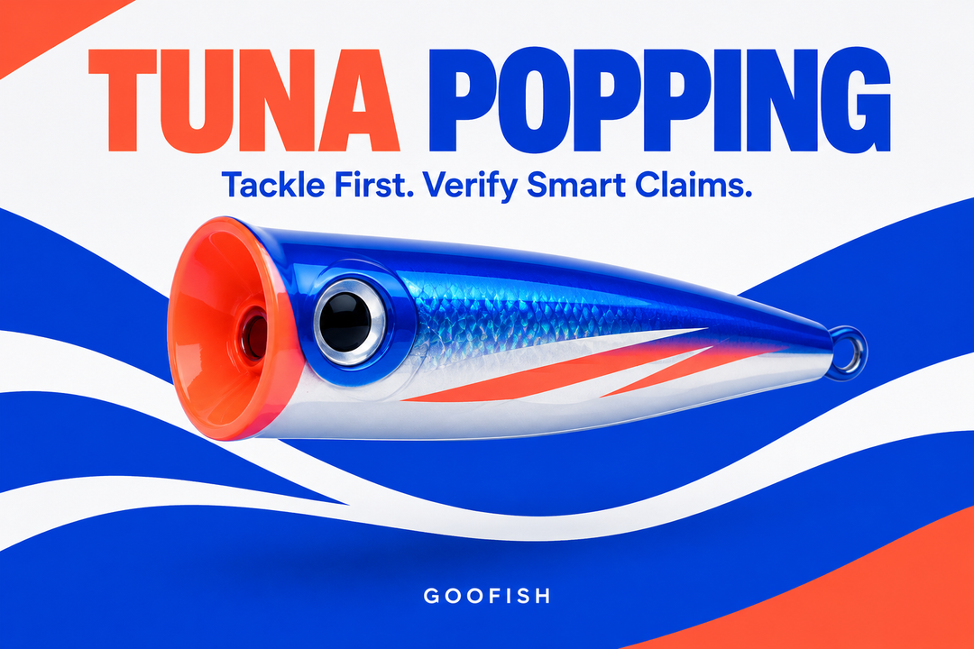 Tuna Popping editorial cover with a blue and coral generic cupped-face popper against geometric waves