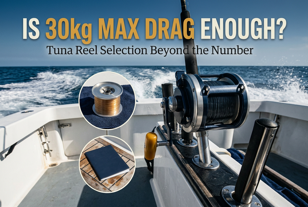 Generic conventional reel secured at a boat stern with spool and booklet insets beneath Is 30kg Max Drag Enough and Tuna Reel Selection Beyond the Number.