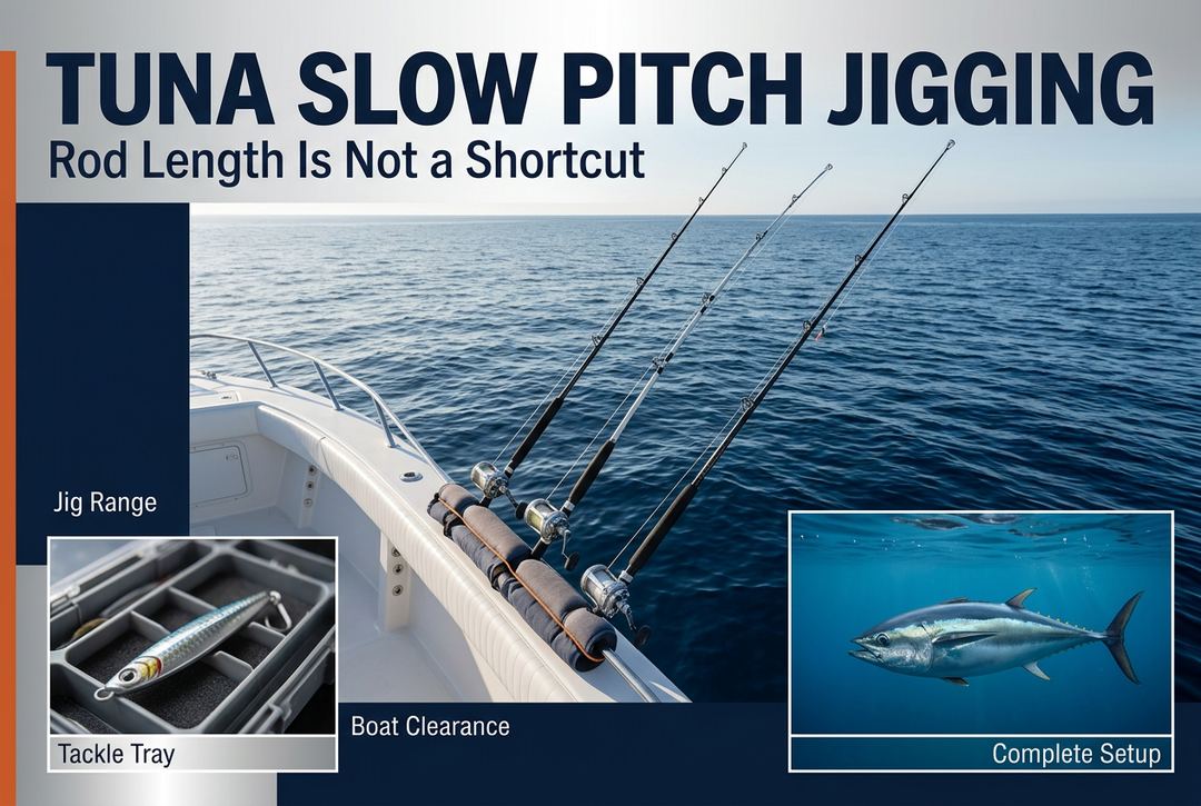 Offshore rods beside a boat rail with separate jig and tuna insets beneath the headline Tuna Slow Pitch Jigging: Rod Length Is Not a Shortcut.