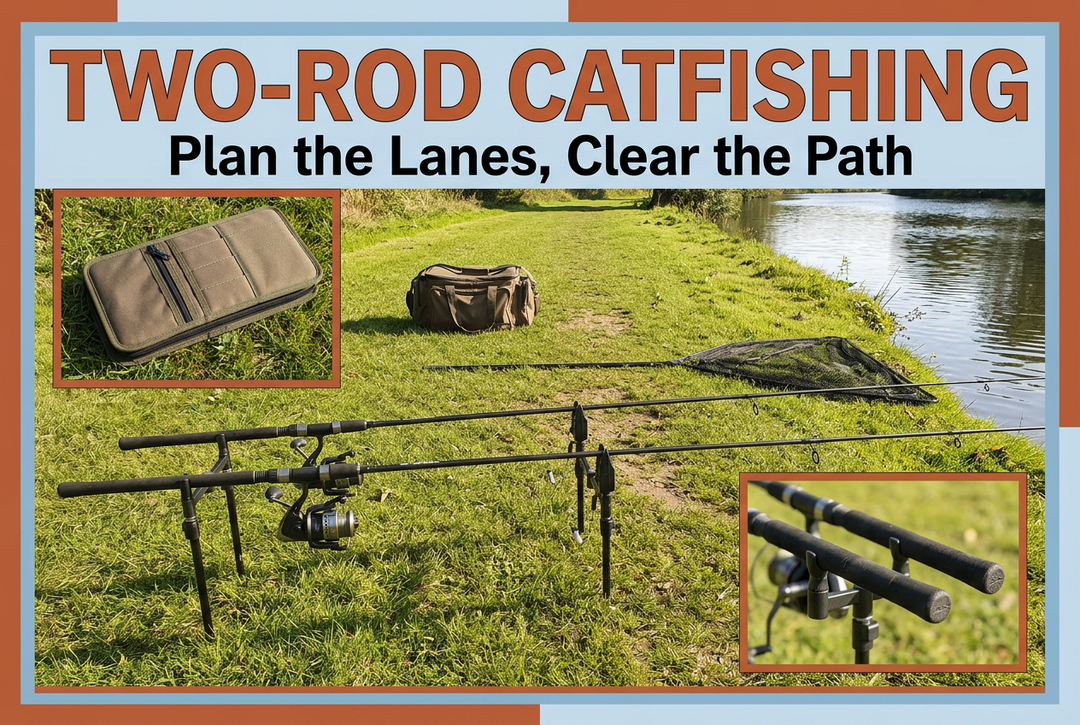 Two rods in bank supports beside a lake with tackle-storage insets and the headline Two-Rod Catfishing: Plan the Lanes, Clear the Path.