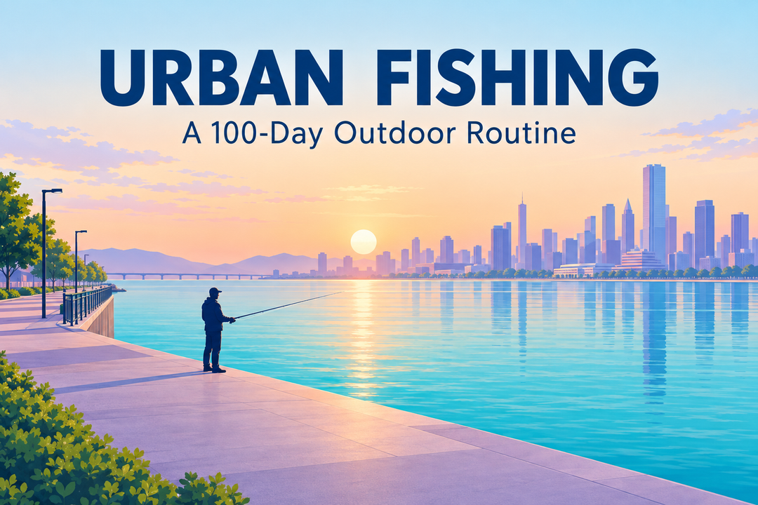 Urban Fishing cover showing an angler on an open waterfront with a city skyline at sunrise and the subtitle A 100-Day Outdoor Routine.