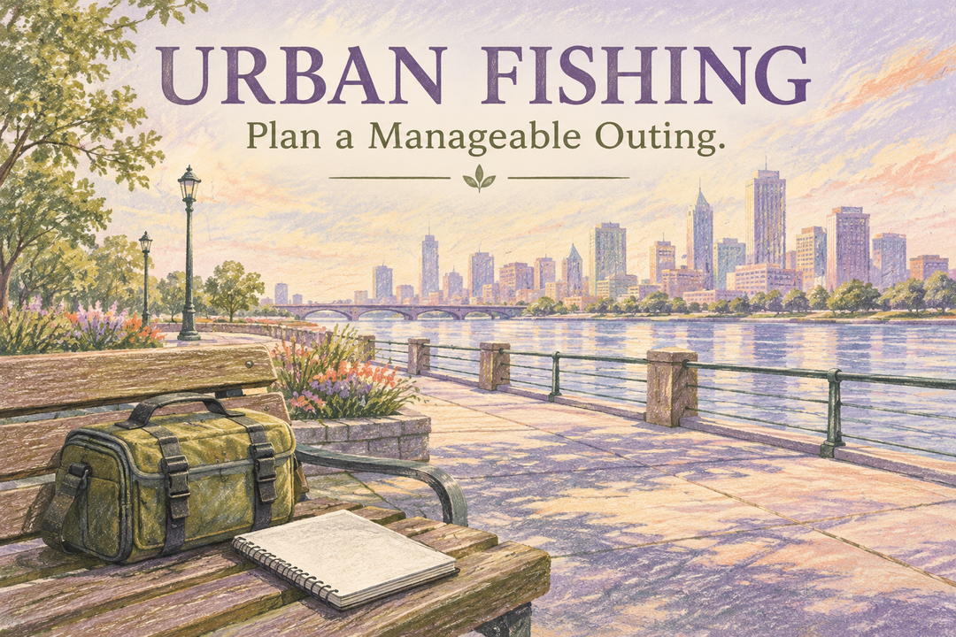 Urban Fishing English cover showing a conceptual city riverside promenade, closed tackle bag and notebook in lilac and olive pastel architecture style.