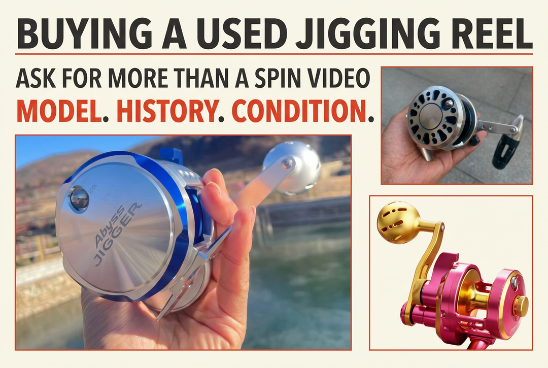 Separate photographs of Abyss Jigger Gen 1, Gen 2 and Edge Jigger 30 reels in an ivory and red layout titled Buying a Used Jigging Reel.