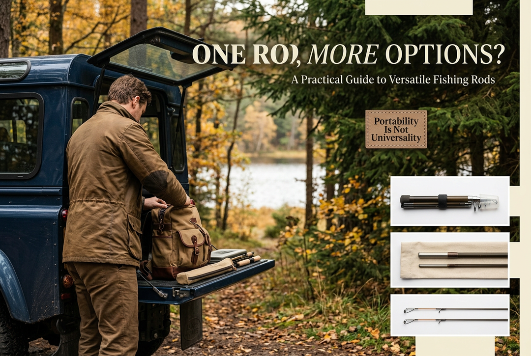 Photo-style versatile fishing rod cover showing an angler packing at a forest trailhead, with compact rod, joint and spare-tip insets.
