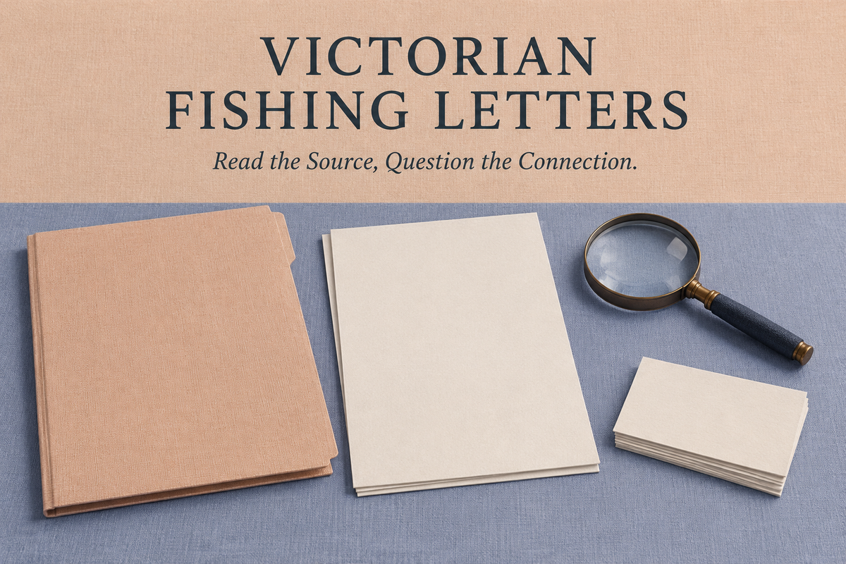 Victorian Fishing Letters English cover with a conceptual linen folder, blank letter sheets, index cards and magnifying glass in apricot and periwinkle.