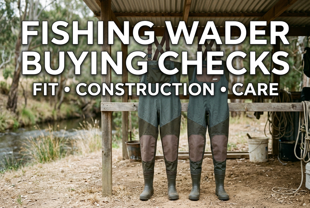 Photorealistic generated scene of generic waders hanging in a sheltered drying area, reading Fishing Wader Buying Checks: Fit, Construction, Care.