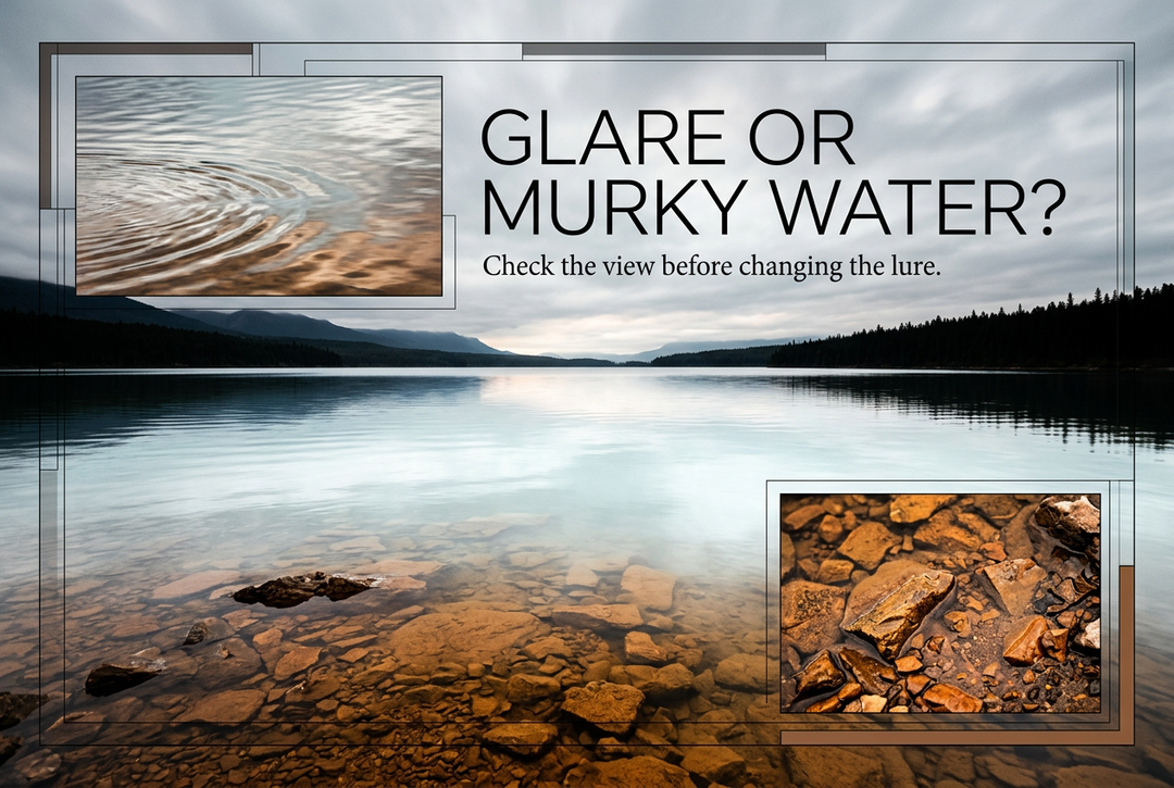 Silver lake reflections above amber shoreline stones with inset water details and the headline Glare or Murky Water