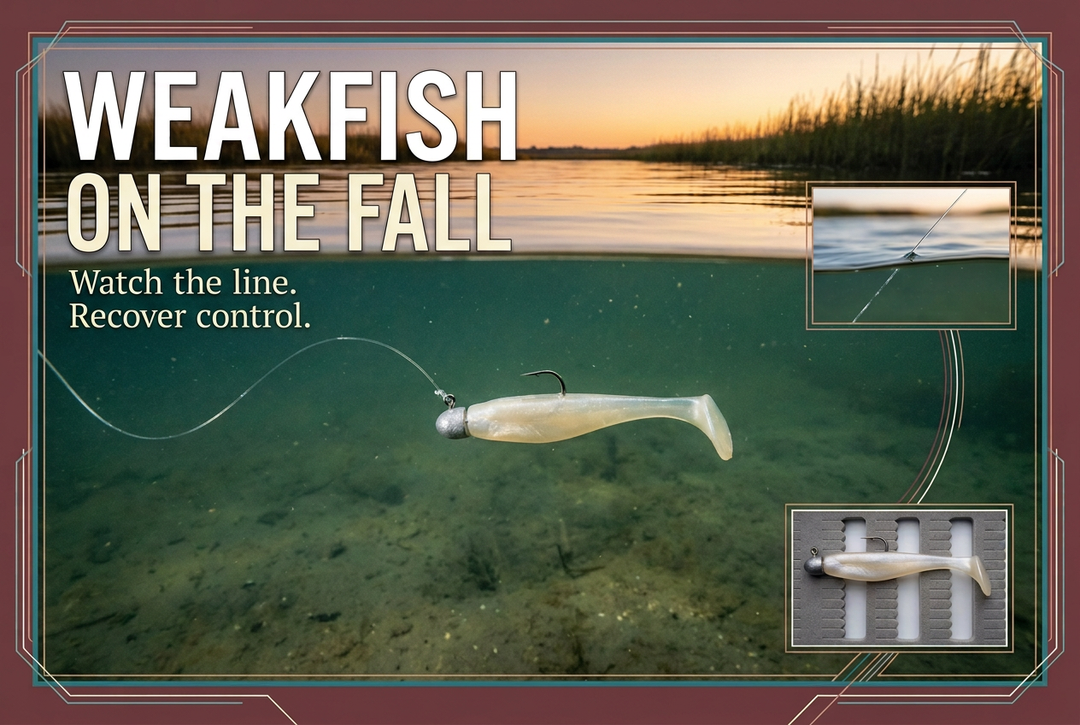 Pearl paddle-tail jig below a sunrise estuary surface with line-entry and tackle insets, headed Weakfish on the Fall.