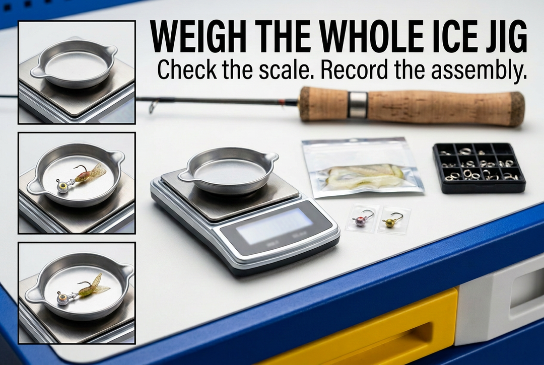 Compact digital scale with a weighing tray beside ice jigs, soft bait and a cork rod grip, with three photographic detail insets.