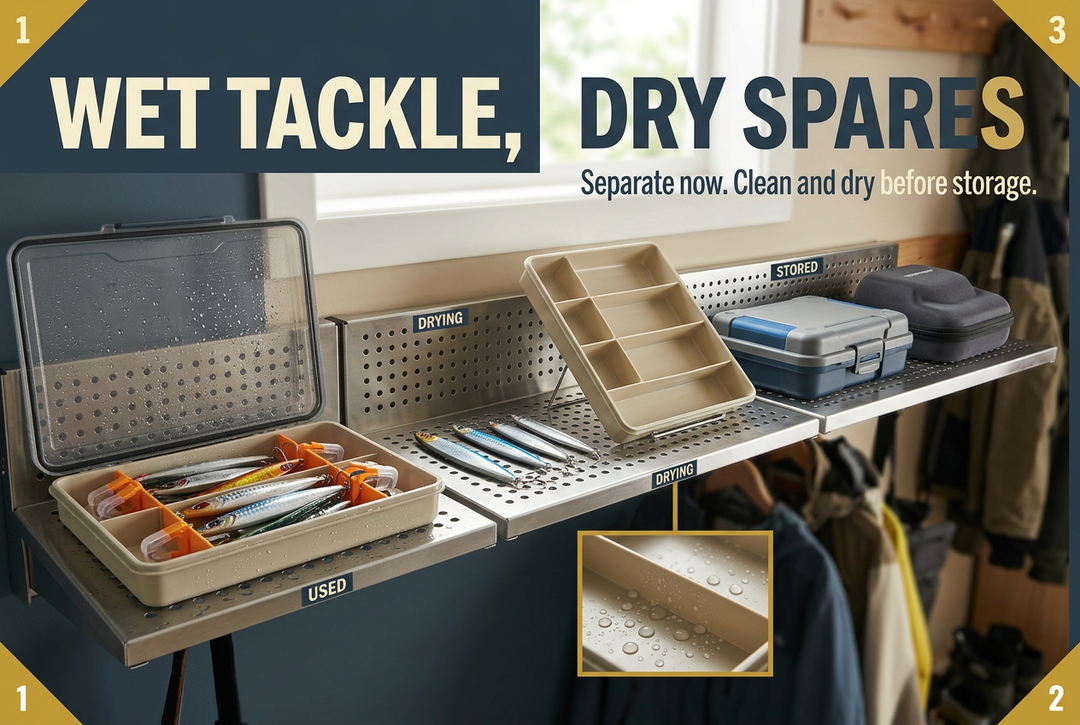 Saltwater tackle care layout with separate used-lure tray, ventilated drying shelf and dry spare-tackle storage
