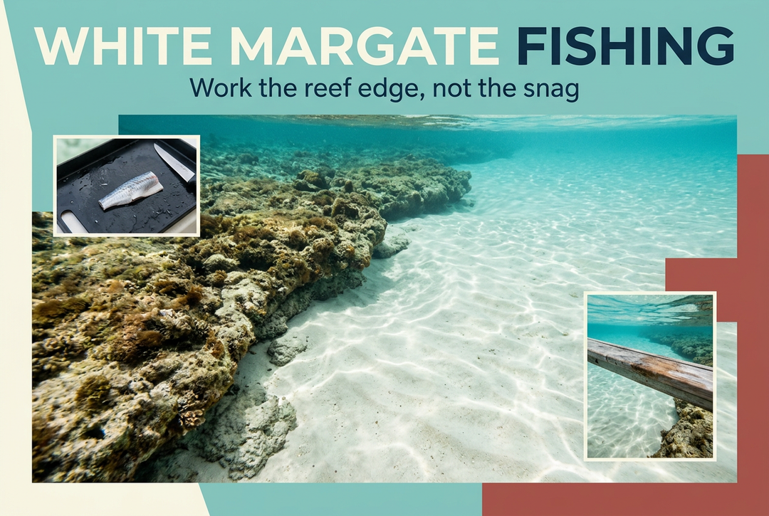 Pale sandy lane beside a low rocky reef with bait-preparation and water-view insets, headed White Margate Fishing: Work the reef edge, not the snag.
