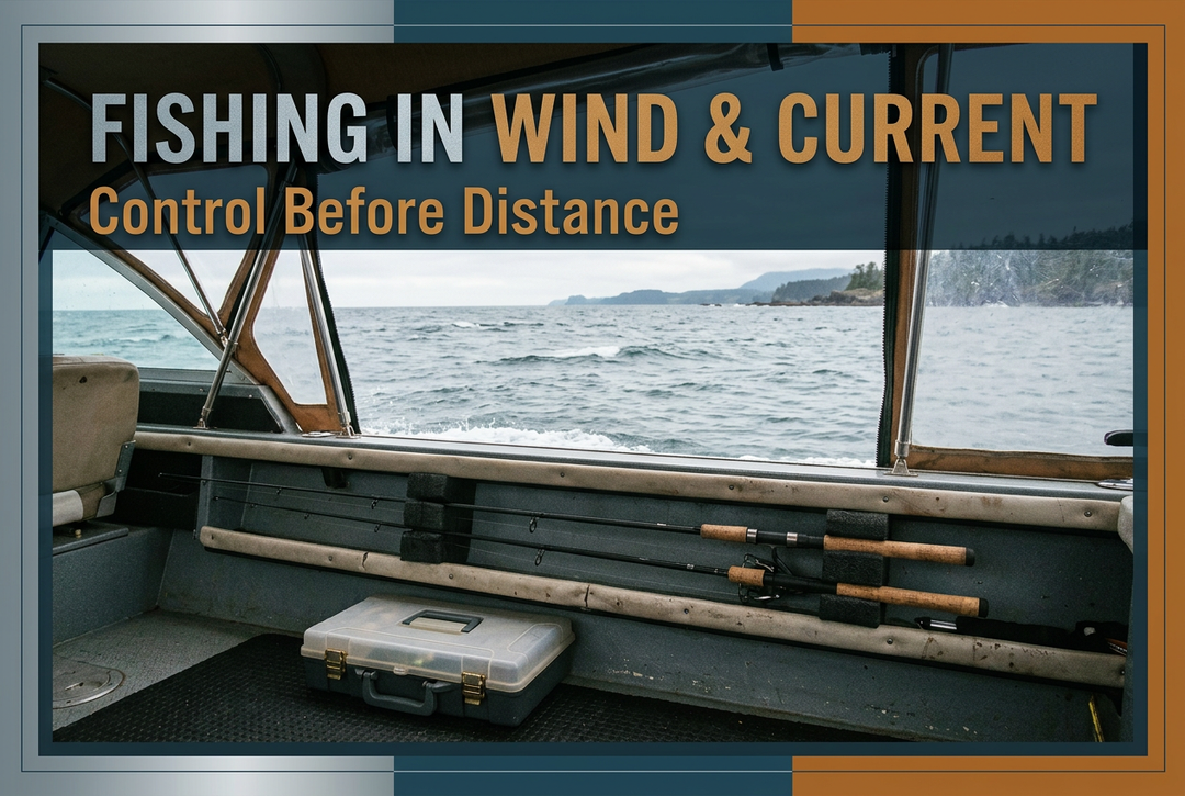 Fishing in Wind and Current cover showing generic rods in a boat-side storage rack, a closed tackle case and ruffled water beyond the cockpit.