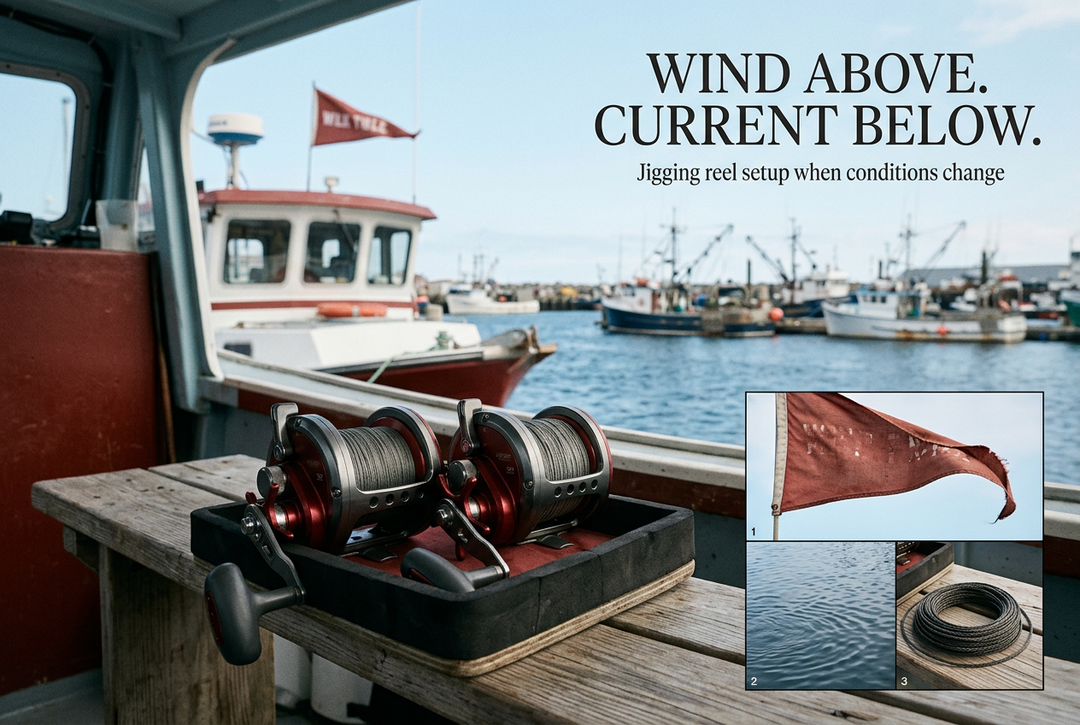 Two overhead reels on a padded cockpit tray with harbor, wind-pennant and loose-line insets under Wind Above. Current Below.