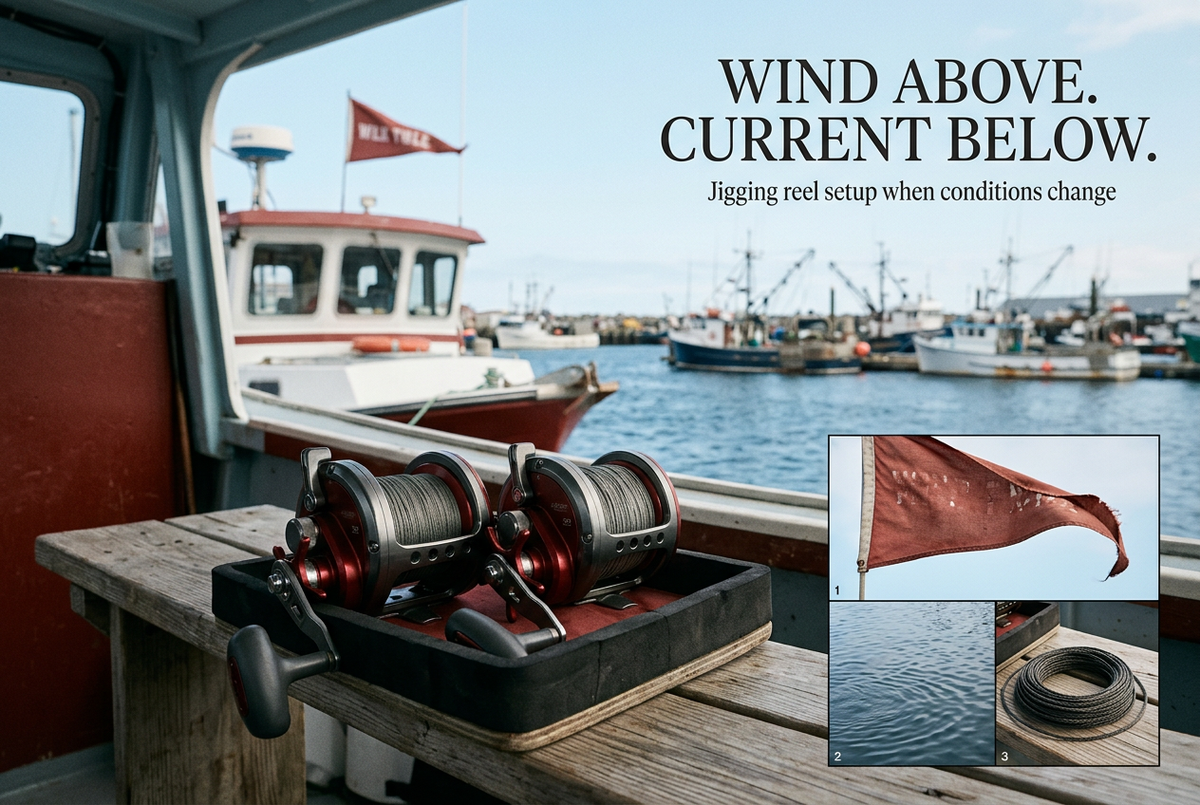 Two overhead reels on a padded cockpit tray with harbor, wind-pennant and loose-line insets under Wind Above. Current Below.