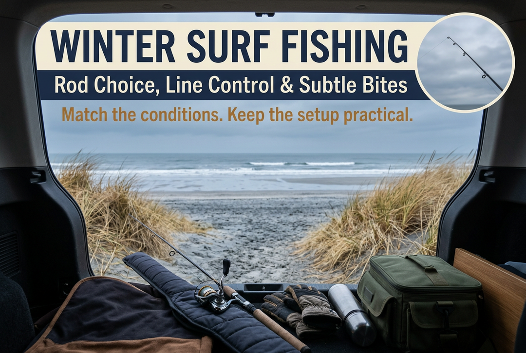 Photographic-style winter beach seen from a vehicle with a rod, gloves, thermos and tackle bag beneath an English Winter Surf Fishing headline.