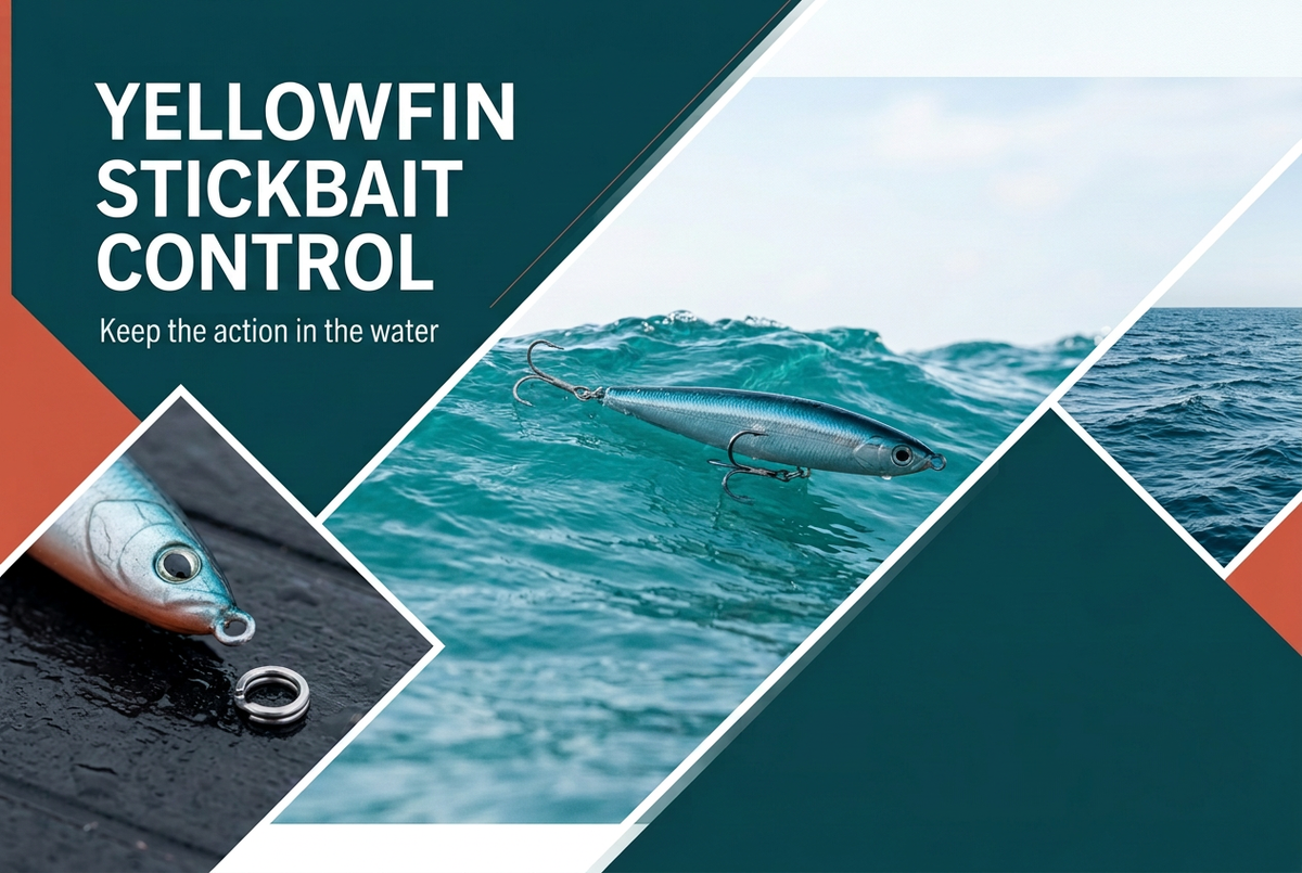 Silver-blue stickbait beside a turquoise wave with lure-eye and sea-texture insets, headed Yellowfin Stickbait Control: Keep the action in the water.