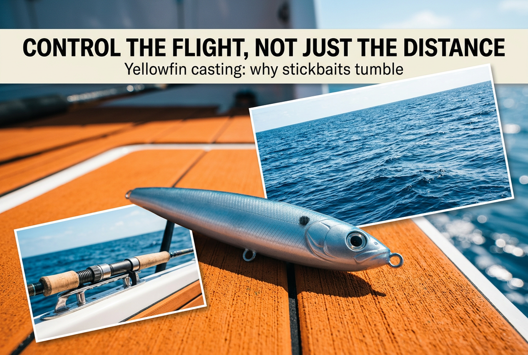 Hook-free silver-blue stickbait body on an orange boat surface with sea and stowed-rod insets, headed Control the Flight, Not Just the Distance.