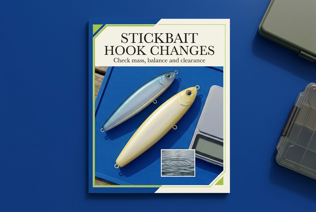 Two unrigged stickbait bodies on a cobalt mat beside a blank scale, headed Stickbait Hook Changes: Check mass, balance and clearance.