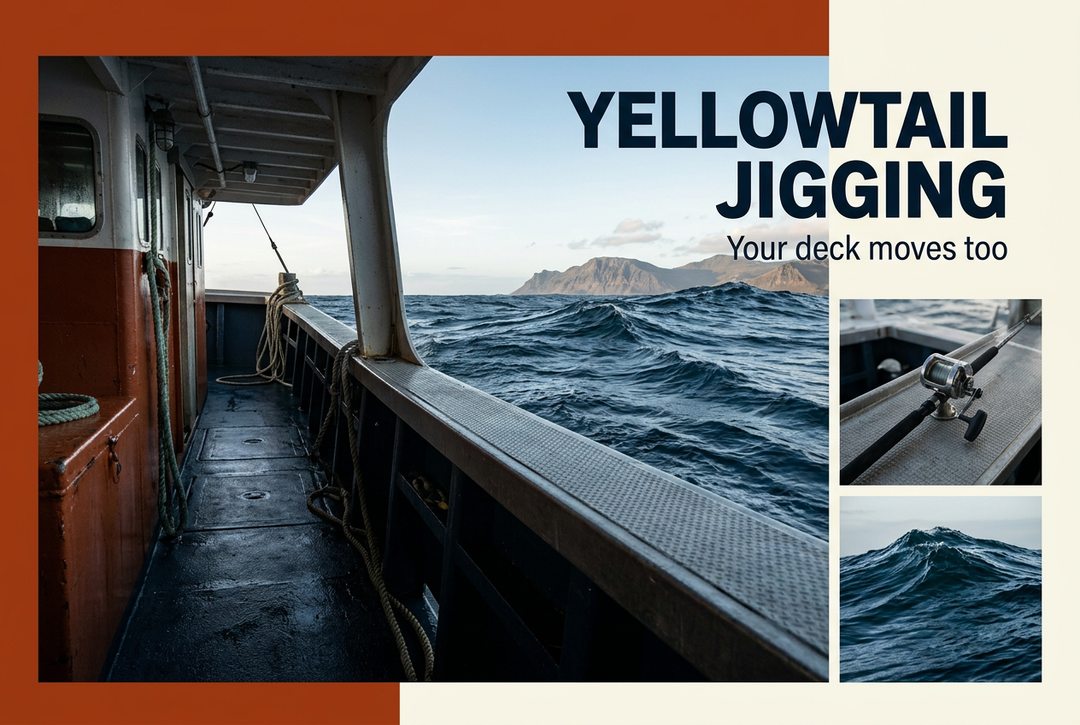 Rolling offshore swell viewed from inside a boat, with rod-and-reel and wave insets, headed Yellowtail Jigging: Your deck moves too.